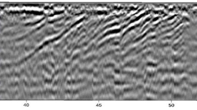 Ground-penetrating radar data showing sloping layers of deposits at a Native American site in Colorado.