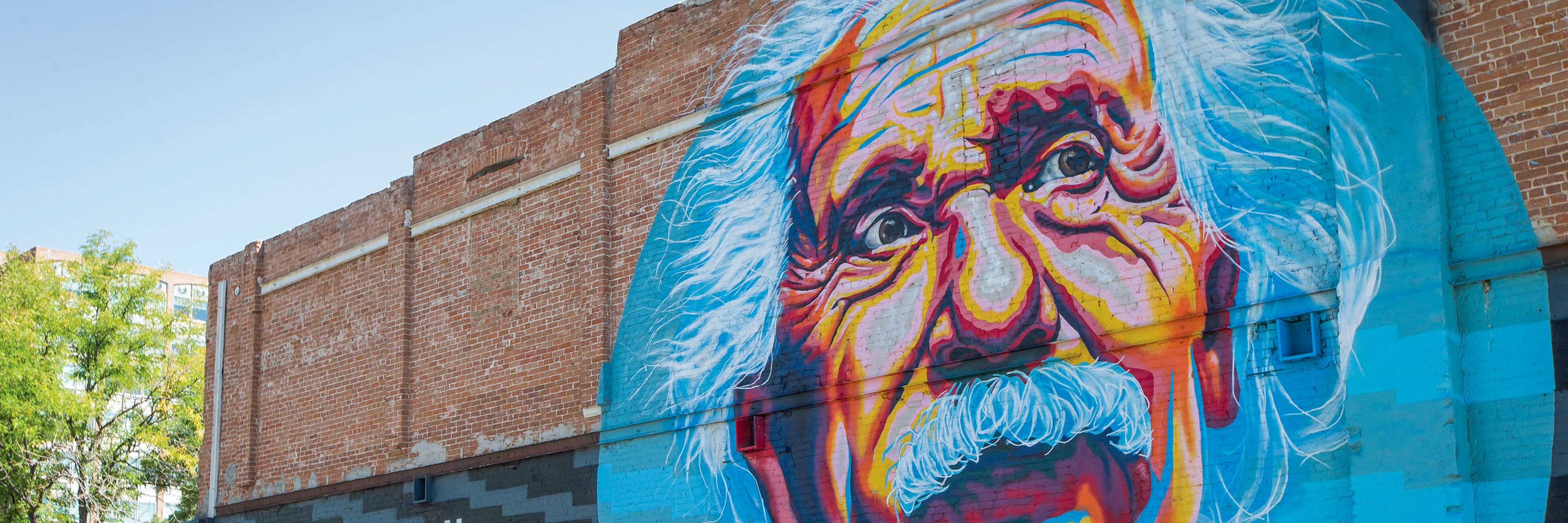 A painted mural of Einstein in Greeley, CO.
