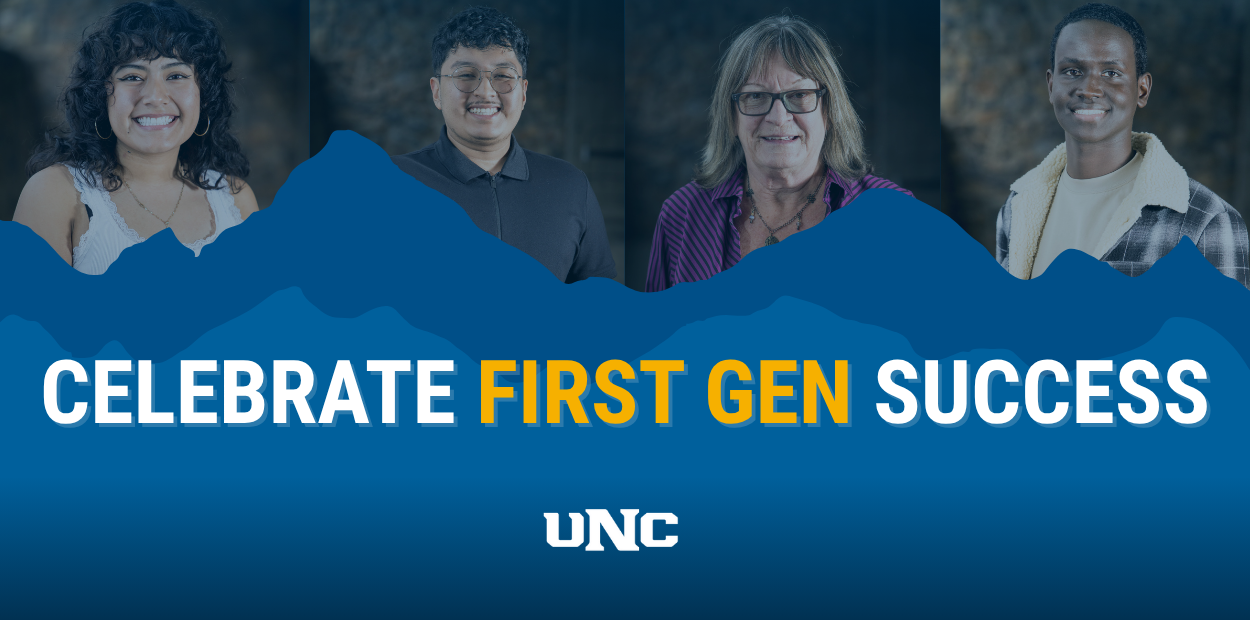 Celebrate First-Gen Success on blue background with photos of smiling students in the background.