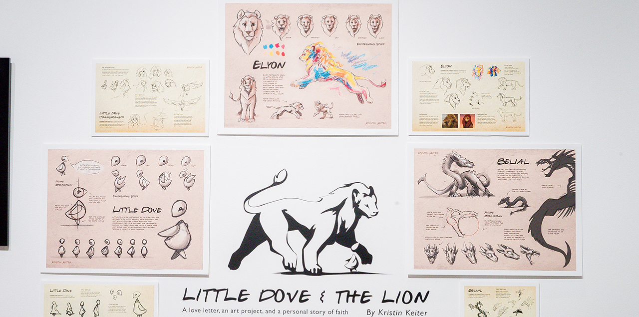 Line drawings of lions and doves onseveral yellow and pink paper