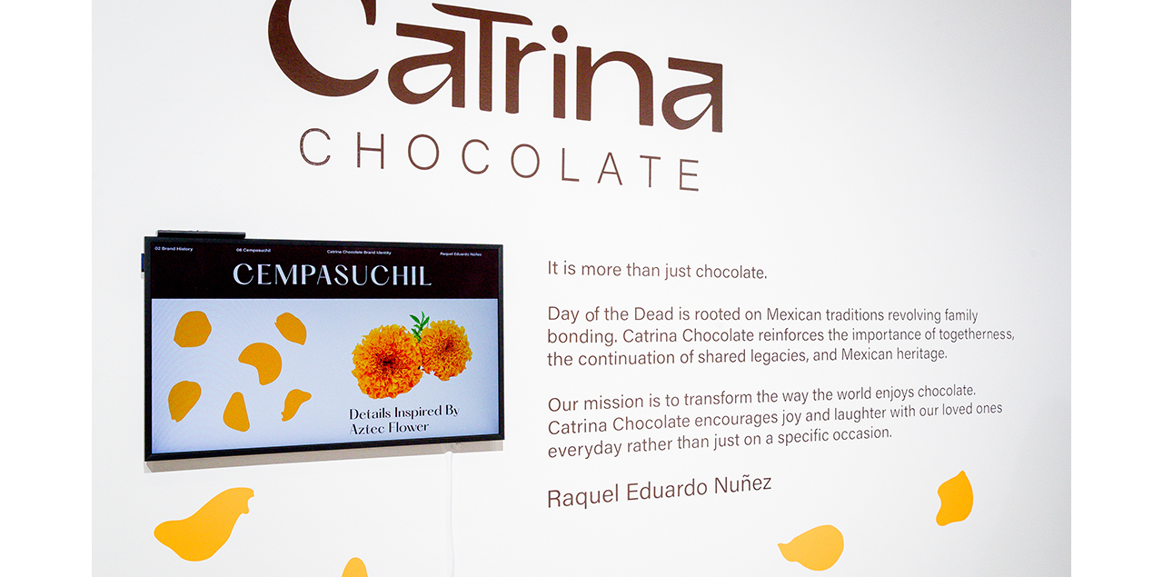 Catrina Chocolate in brown writing with orange design elements