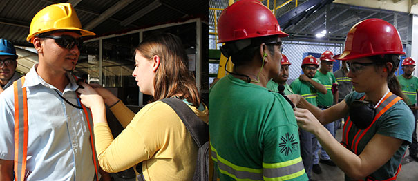 UNC grad students place dosimeters on sugar mill workers to measure sound levels