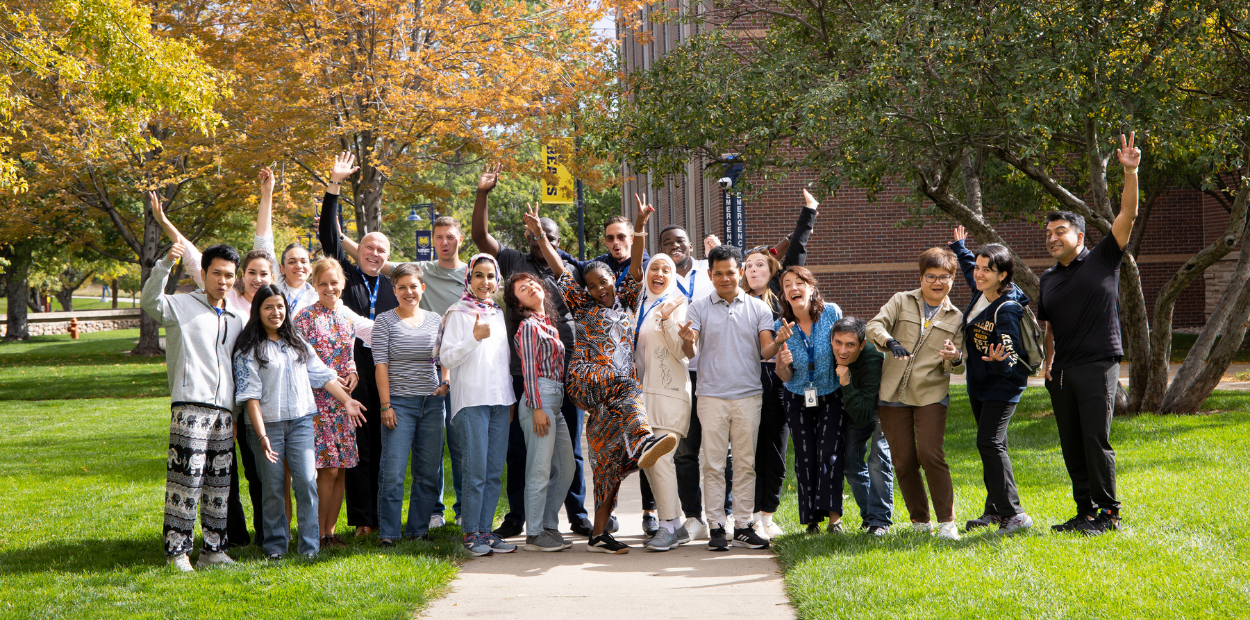 A group photo of the international Fulbright scholars on campus.