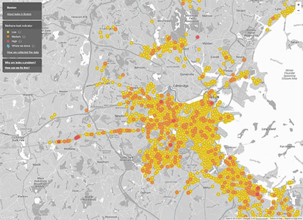 map of methane leaks in Boston