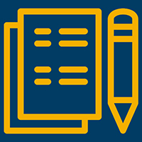 Gold icon of paper and a pencil against a blue background.