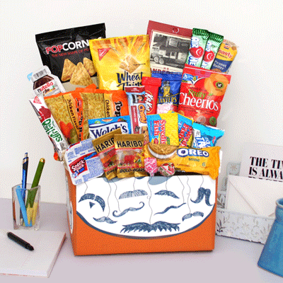 Organige box with mustaches on it displaying what comes in the carepackage