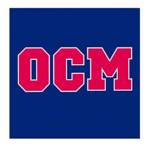 OCM in red letters with a white border on a navy blue background