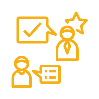 Gold outline of two people with speech bubbles. One has a question and the other has a checkmark with a star to indicate the response.