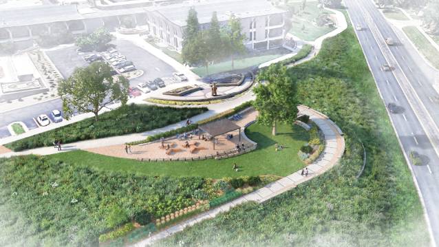 A render of the UNC Commons building hill with a new sidewalk and canopy area for people to sit