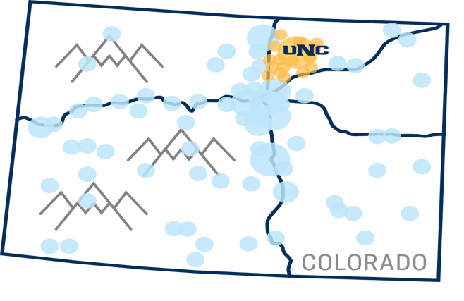 Map of Colorado highlighting locations where the majority of graduates are residing and working.