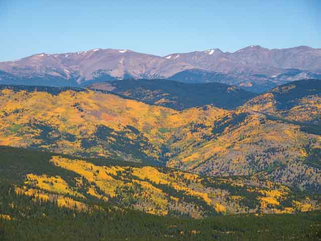Colorado landscape with view of mounatins and yellow aspen trees in fall.